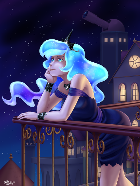 Size: 500x666 | Tagged: artist:7nights, balcony, cute, dead source, derpibooru import, ethereal mane, glow, human, humanized, lunabetes, night, observatory, princess luna, safe, solo, starry night, stars