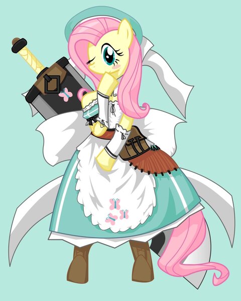 Size: 800x1000 | Tagged: artist:killermantle, clothes, cosplay, derpibooru import, dress, fluttershy, safe, semi-anthro, senran kagura, solo, sword, yomi