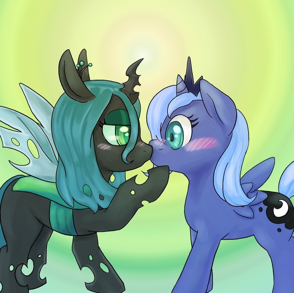 Size: 1200x1198 | Tagged: safe, artist:yutoraru, derpibooru import, princess luna, queen chrysalis, alicorn, changeling, changeling queen, nymph, pony, blushing, chrysaluna, cute, cutealis, female, filly, foal, kissing, lesbian, lunabetes, pixiv, shipping, woona, younger