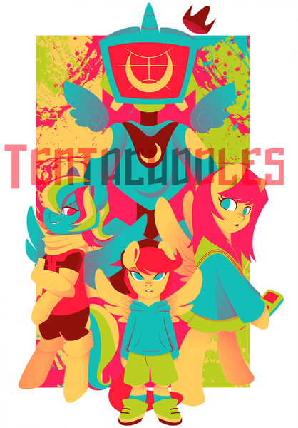 Size: 900x1291 | Tagged: safe, artist:tentacuddles, derpibooru import, fluttershy, rainbow dash, scootaloo, pony, bipedal, flcl