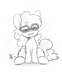Size: 1280x1536 | Tagged: safe, artist:spittfireart, derpibooru import, twist, :p, cute, eyes closed, glasses, monochrome, sitting, smiling, solo, tongue out