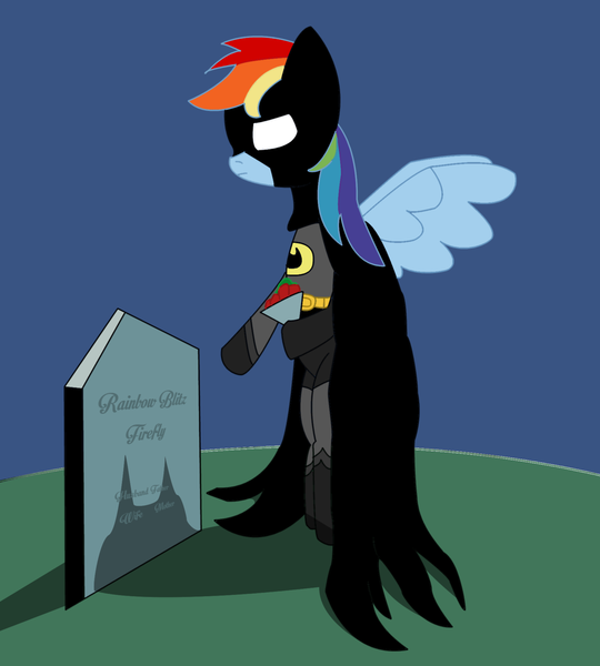 Size: 1280x1422 | Tagged: safe, derpibooru import, rainbow dash, pegasus, pony, batman, batmare, bipedal, crossover, dc comics, female, grass, gravestone, implied death, mare, parody, rose, solo