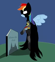 Size: 1280x1422 | Tagged: safe, derpibooru import, rainbow dash, pegasus, pony, batman, batmare, bipedal, crossover, dc comics, female, grass, gravestone, implied death, mare, parody, rose, solo