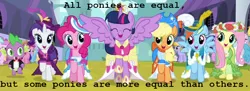 Size: 960x349 | Tagged: safe, derpibooru import, applejack, fluttershy, pinkie pie, rainbow dash, rarity, spike, twilight sparkle, twilight sparkle (alicorn), alicorn, pony, alicorn drama, animal farm, drama, female, mane six, mare, twilicorn spotlight drama