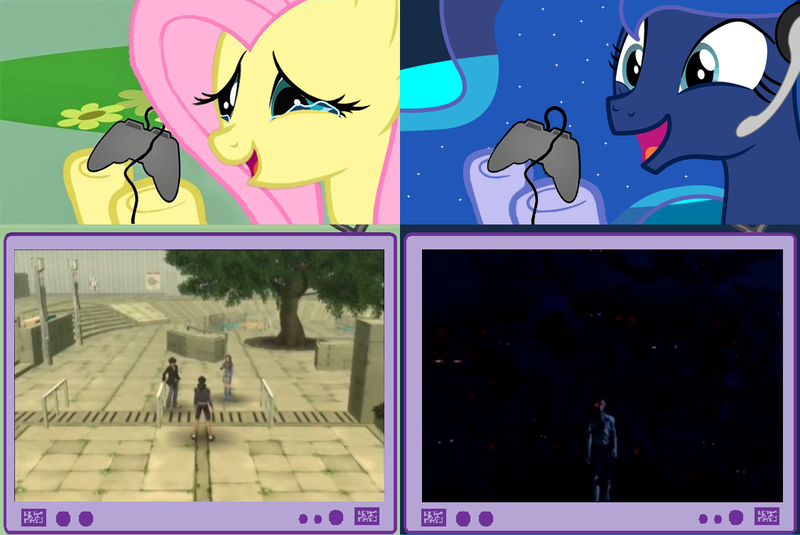 Size: 1126x753 | Tagged: derpibooru import, exploitable meme, fluttershy, gamer luna, gamershy, megami tensei, meme, obligatory pony, princess luna, safe, shin megami tensei, tv meme