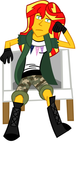 Size: 908x1916 | Tagged: safe, artist:jewelsfriend, derpibooru import, sunset shimmer, equestria girls, chair, crossover, eli, horn, konami, liquid snake, metal gear, metal gear solid, metal gear solid 5, solo