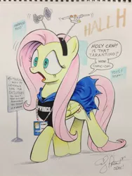 Size: 769x1024 | Tagged: artist:andypriceart, badge, batman, cape, clothes, comic con, convention, costume, cowl, dialogue, enterprise, fan, fangirl, fluttershy, fringe, headband, id, parody, safe, san diego comic con, sign, signature, solo, speech bubble, star trek, star trek (tos), star wars, tie fighter, traditional art