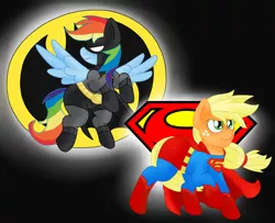 Size: 1958x1591 | Tagged: app-el, applejack, artist:blackbewhite2k7, batdash, batman, batmare, crossover, dc comics, derpibooru import, duo, logo, parody, rainbow dash, safe, superhero, superjack, superman, supermare