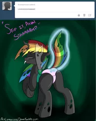 Size: 2809x3553 | Tagged: artist:vivo, ask, blushing, changeling, changelingified, clothes, cutie mark underwear, dashling, derpibooru import, eyes closed, female, floppy ears, magic, magic abuse, panties, pink underwear, rainbow dash, raised tail, solo, solo female, species swap, suggestive, tumblr, underwear, wingardium leviosa