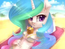 Size: 1600x1200 | Tagged: anthro, artist:marinakirby, beach, belly button, between breasts, bikini, breasts, clothes, derpibooru import, female, princess celestia, solo, suggestive, swimsuit