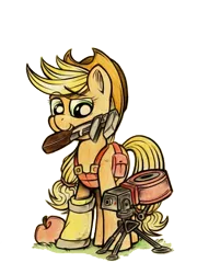 Size: 530x737 | Tagged: apple, applejack, artist:uglyapple, crossover, cute, derpibooru import, engineer, mouth hold, safe, solo, team fortress 2, turret, wrench