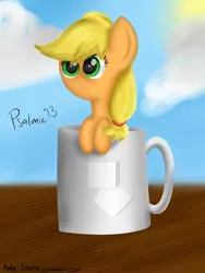 Size: 1500x2000 | Tagged: safe, derpibooru import, applejack, pony, coffee, cup, cup of pony, green eyes, smiling, smirk, solo, sugarcube