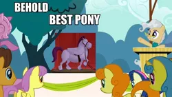 Size: 960x540 | Tagged: safe, derpibooru import, edit, edited screencap, screencap, bon bon, caramel, carrot top, golden harvest, lemon hearts, mayor mare, parasol, sweetie drops, pegasus, pony, the last roundup, background pony, behold, best pony, forced meme, image macro, meme, minimus, sofia the first