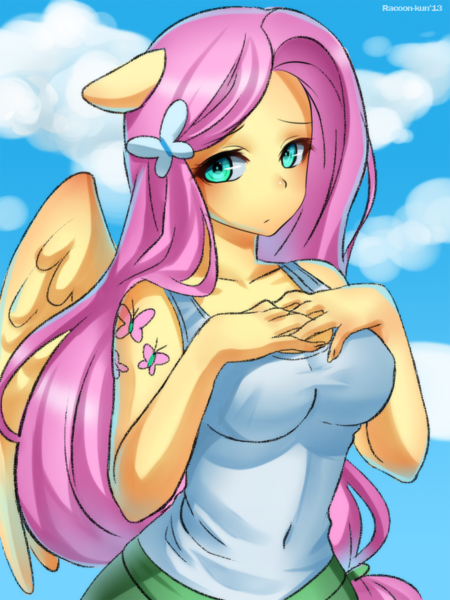 Size: 700x933 | Tagged: safe, artist:racoonsan, derpibooru import, fluttershy, equestria girls, adorasexy, alternative cutie mark placement, ambiguous facial structure, big breasts, breasts, busty fluttershy, cleavage, clothes, cute, cutie mark, cutie mark on equestria girl, eared humanization, female, floppy ears, hands on breasts, ponied up, pony coloring, sexy, shyabetes, sleeveless, solo, tanktop, winged humanization, wings