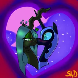 Size: 1280x1280 | Tagged: artist:shdingo, bedroom eyes, boop, chrysmoon, derpibooru import, eye contact, female, heart, kissing, lesbian, nightmare moon, noseboop, queen chrysalis, safe, shipping, smiling, surprised, surprise kiss, wide eyes