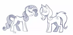 Size: 1280x625 | Tagged: safe, artist:bluntwhiskey, derpibooru import, rarity, trixie, pony, unicorn, duo, duo female, eye contact, female, glare, lidded eyes, looking at each other, mare, monochrome