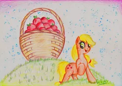 Size: 1280x901 | Tagged: apple, applejack, artist:arxuicy, basket, derpibooru import, raised hoof, safe, solo, traditional art