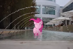 Size: 3872x2592 | Tagged: artist:utterlyludicrous, building, derpibooru import, fountain, human, irl, photo, pinkie pie, ponies in real life, safe, table, umbrella, vector, water