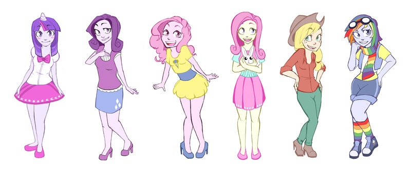 Size: 5953x2459 | Tagged: applejack, artist:eatinice, bowtie, clothes, converse, derpibooru import, fluttershy, goggles, high heels, human, humanized, line-up, mane six, pinkie pie, rainbow dash, rainbow socks, rarity, safe, shoes, socks, striped socks, twilight sparkle