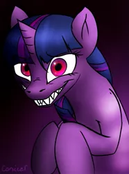 Size: 475x638 | Tagged: semi-grimdark, artist:conicer, derpibooru import, twilight sparkle, pony, unicorn, fanfic, fanfic:asylum, asylum, creepy, creepy smile, fangs, gradient background, grin, looking at you, mirror twilight, sharp teeth, smiling, solo