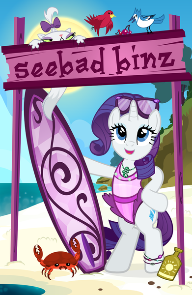 Size: 652x1000 | Tagged: safe, artist:pixelkitties, derpibooru import, opalescence, rarity, bird, blue jay, crab, pony, unicorn, beach, bipedal, clothes, female, frilled swimsuit, germany, mare, one-piece swimsuit, pixelkitties' brilliant autograph media artwork, purple swimsuit, sunglasses, surfboard, swimsuit, tricolor swimsuit