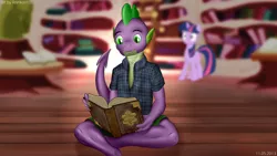 Size: 1920x1080 | Tagged: artist:reinkorn, book, clothes, derpibooru import, library, older, reading, safe, sitting, spike, twilight sparkle