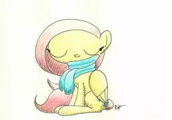 Size: 720x504 | Tagged: safe, artist:getchanoodlewet, derpibooru import, fluttershy, clothes, eyes closed, scarf, simple background, sitting, solo, traditional art