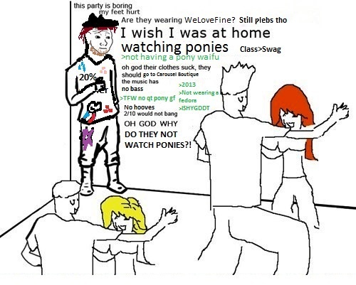 Size: 500x401 | Tagged: 1000 hours in ms paint, anti-brony, brony, comic, derpibooru import, fedora shaming, feels guy, greentext, hat, i wish i was at home, ms paint, neckbeard, party, patrician, safe, text, trilby