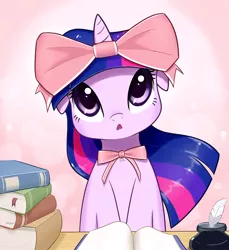 Size: 1500x1635 | Tagged: safe, artist:aymint, derpibooru import, twilight sparkle, pony, unicorn, aymint is trying to murder us, book, bow, cute, female, floppy ears, open mouth, solo, table, twiabetes
