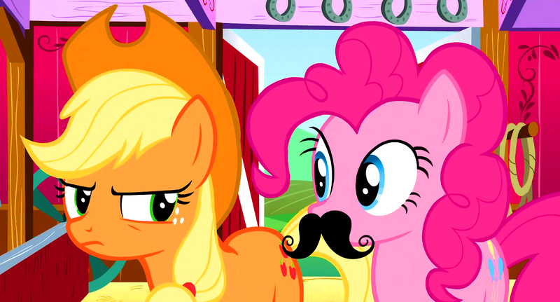 Size: 1280x690 | Tagged: safe, derpibooru import, edit, screencap, applejack, pinkie pie, moustache