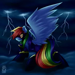 Size: 853x853 | Tagged: artist:skyheavens, clothes, costume, derpibooru import, lightning, night, rainbow dash, safe, shadowbolt dash, shadowbolts, shadowbolts costume, solo