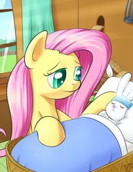 Size: 850x1100 | Tagged: angel bunny, artist:paradigmpizza, bed, derpibooru import, fluttershy, safe, sick, sleeping