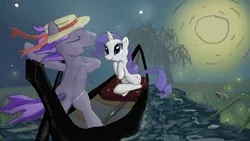 Size: 1024x576 | Tagged: safe, artist:fanma, derpibooru import, rarity, oc, oc:kydose, pegasus, pony, unicorn, canon x oc, gondola, hat, love, moonlight, night, raridose, reeds, river, shipping, singing, stars, tree