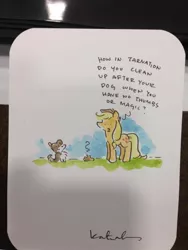 Size: 600x800 | Tagged: safe, artist:katiecandraw, derpibooru import, applejack, winona, dog, earth pony, pony, dialogue, female, indeed, katie does it again, mare, poop, traditional art, unopposable hooves