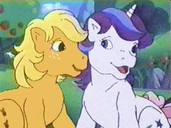 Size: 320x240 | Tagged: safe, derpibooru import, ponibooru import, screencap, applejack (g1), glory, earth pony, pony, unicorn, rescue at midnight castle, animated, bow, cute, duo, face licking, female, g1, jackabetes, licking, mare, silly, silly pony, tail bow, who's a silly pony