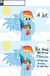 Size: 1280x1939 | Tagged: safe, artist:m4ng0s, derpibooru import, rainbow dash, snails, ask, clothes, glitter shell, scarf, tongue out, tongue piercing, tumblr