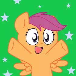Size: 553x554 | Tagged: safe, artist:pupster0071, derpibooru import, scootaloo, pegasus, pony, :d, female, filly, green background, looking at you, nya, simple background, solo, spread wings, stars, underhoof