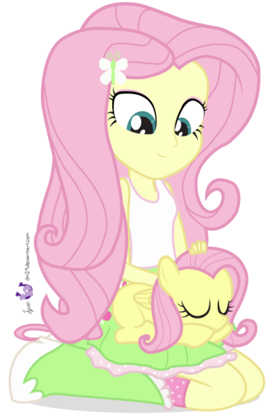 Size: 450x688 | Tagged: safe, artist:dm29, derpibooru import, fluttershy, equestria girls, cute, duo, female, filly, filly fluttershy, human ponidox, image, julian yeo is trying to murder us, petting, png, pony pet, shyabetes, simple background, sleeping, square crossover, transparent background, younger