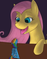 Size: 1257x1580 | Tagged: safe, artist:trickypup, derpibooru import, fluttershy, rainbow dash, drool, fetish, flutterpred, imminent vore, kitchen eyes, macro, macro/micro, micro, table, tongue out