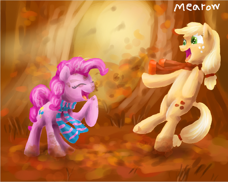 Size: 807x647 | Tagged: safe, artist:mearow, derpibooru import, applejack, pinkie pie, autumn, clothes, playful, scarf