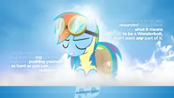 Size: 1920x1080 | Tagged: artist:adrianimpalamata, artist:clockwork65, derpibooru import, quote, rainbow dash, saddle bag, safe, solo, vector, wallpaper, wonderbolt trainee uniform