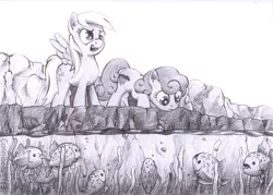 Size: 900x645 | Tagged: safe, artist:cannibalus, derpibooru import, carrot top, derpy hooves, golden harvest, pegasus, pony, animal, female, grayscale, mare, monochrome, piranha, river, traditional art, water