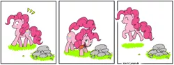 Size: 800x300 | Tagged: safe, artist:foudubulbe, derpibooru import, pinkie pie, pony, comic, cute, diapinkes, funny face, pinkie being pinkie, rock, silly, silly pony, smiling, solo, wholesome