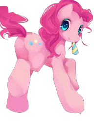 Size: 1000x1300 | Tagged: artist:loyproject, cute, dead source, derpibooru import, diapinkes, hat, looking at you, looking back, looking back at you, mouth hold, party hat, party horn, pinkie pie, plot, safe, simple background, solo, transparent background