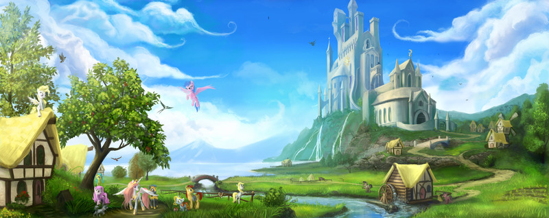 Size: 3724x1482 | Tagged: safe, artist:devinian, derpibooru import, derpy hooves, doctor whooves, firefly, princess celestia, princess luna, surprise, time turner, alicorn, bird, dog, earth pony, pegasus, pony, unicorn, castle, castle of the royal pony sisters, cottage, detailed, female, filly, foal, g1, g1 to g4, generation leap, history, mare, palace, pink-mane celestia, river, royal guard, scenery, scenery porn, swallow, tree, waterfall, watermill, younger