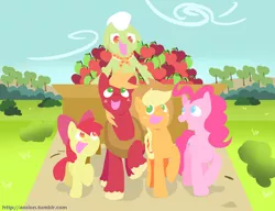 Size: 2600x2000 | Tagged: safe, artist:sion, derpibooru import, apple bloom, applejack, big macintosh, granny smith, pinkie pie, earth pony, pony, pinkie apple pie, apples to the core, male, minimalist, pixiv, stallion