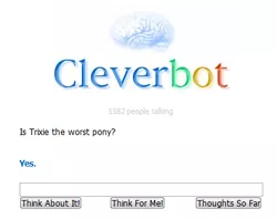 Size: 396x313 | Tagged: cleverbot, derpibooru import, meme, safe, text, text only, trixie, worst pony