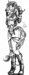 Size: 957x2500 | Tagged: suggestive, artist:dakuroihoshi, derpibooru import, oc, unofficial characters only, anthro, unicorn, anthro oc, belly button, belt, blushing, bondage, boots, breasts, chains, cloth gag, clothes, female, gag, hoof boots, open clothes, pants, shackles, shirt, solo, solo female, torn clothes, unbuttoned, undershirt