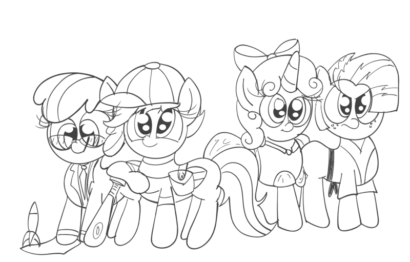 Size: 1254x801 | Tagged: apple bloom, artist:daniel-sg, babs seed, cosplay, cutie mark crusaders, derpibooru import, earthbound, lineart, monochrome, safe, scootaloo, sweetie belle