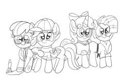 Size: 1254x801 | Tagged: apple bloom, artist:daniel-sg, babs seed, cosplay, cutie mark crusaders, derpibooru import, earthbound, lineart, monochrome, safe, scootaloo, sweetie belle